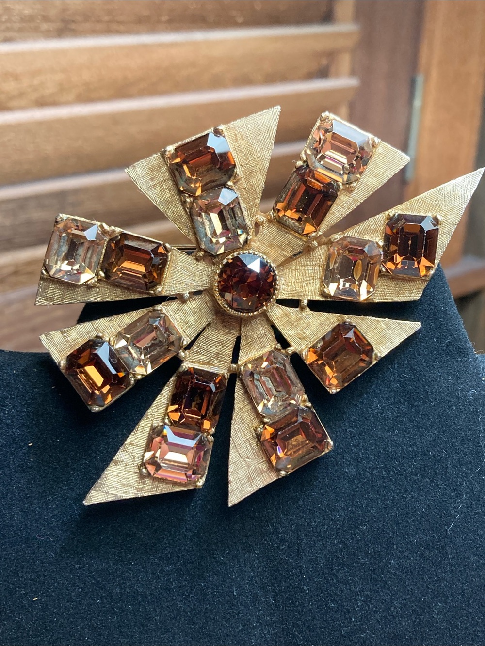 Gold-Tone Floral Brooch with Amber and Champagne Stones